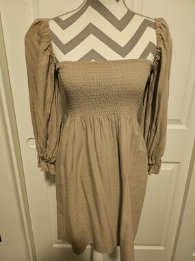 Smocked Square-Neck Long Sleeve Dress in Taupe